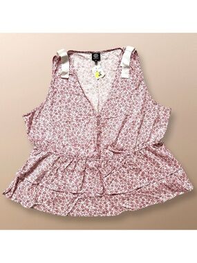 Bobeau Floral Red & White Sleeveless Rayon Top Ruffles 3 X